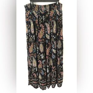 Bila Maxi Skirt Pull On Dark Floral Paisley Festival Boho Stretchy Side Slits XL